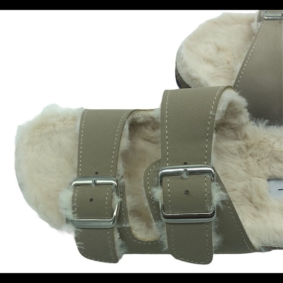 Nicole Miller New York Taupe Faux Fur Lined Double Strap Buckle Slide Sandals - Picture 4 of 5
